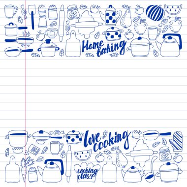 Vektör seti çocuk mutfağı ve doodle tarzında pişirme çizimleri simgeleri. Beyaz bir arka plan üzerinde damalı bir kağıt üzerine, bir kalem ile çizilmiş boyalı.