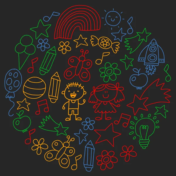 Çocuk Bahçesi, kuvvetler, çizilmiş çocuk bahçe elemanları desen el, illüstrasyon, vektör, illüstrasyon doodle,