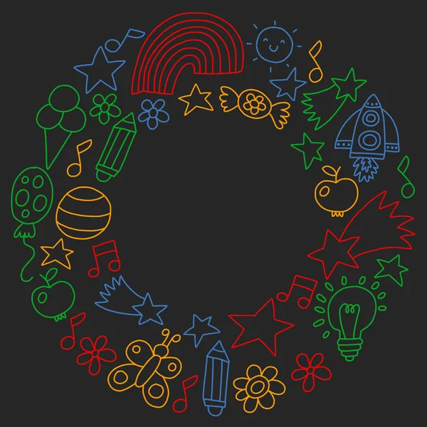 Çocuk Bahçesi, kuvvetler, çizilmiş çocuk bahçe elemanları desen el, illüstrasyon, vektör, illüstrasyon doodle,