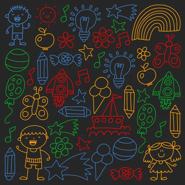 Çocuk Bahçesi, kuvvetler, çizilmiş çocuk bahçe elemanları desen el, illüstrasyon, vektör, illüstrasyon doodle,