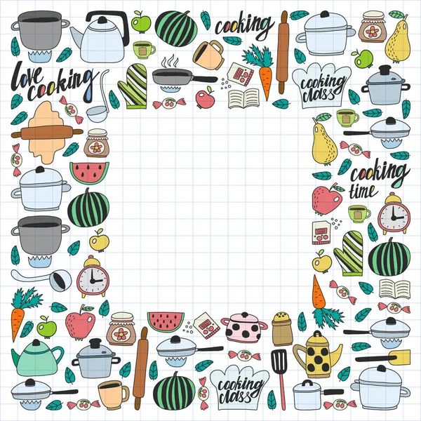 Vektör çocuk mutfak ve pişirme çizimler simgeler doodle tarzı kümesi. Boyalı, renkli, beyaz bir arka plan üzerinde kareli kağıt üzerine bir.