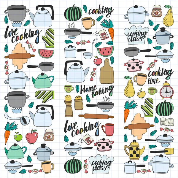 Conjunto vectorial de cocina infantil y dibujos de cocina iconos en estilo garabato. Pintado, colorido, en una hoja de papel a cuadros sobre un fondo blanco . — Vector de stock