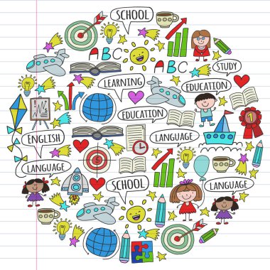 Vektör seti İngilizce dil öğrenme, doodle tarzında çocuk çizim simgeleri. Beyaz arka plan üzerinde doğrusal kağıt parçası üzerinde boyalı, renkli, resimler