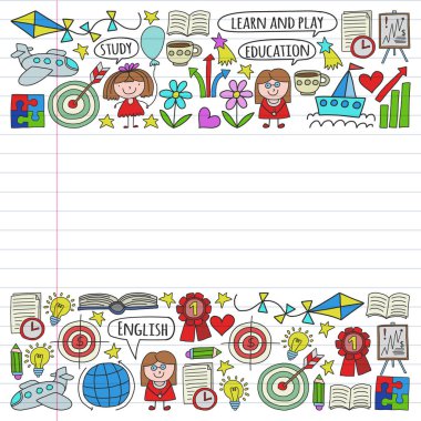 Vektör seti İngilizce dil öğrenme, doodle tarzında çocuk çizim simgeleri. Beyaz arka plan üzerinde doğrusal kağıt parçası üzerinde boyalı, renkli, resimler