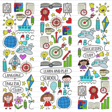 Vektör seti İngilizce dil öğrenme, doodle tarzında çocuk çizim simgeleri. Beyaz arka plan üzerinde doğrusal kağıt parçası üzerinde boyalı, renkli, resimler