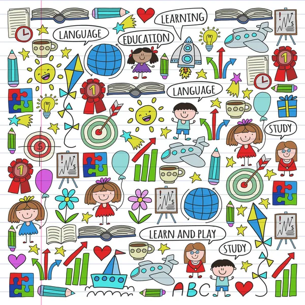 Conjunto vectorial de aprendizaje del idioma inglés, iconos de dibujo infantil en estilo doodle. Pintura, colorido, imágenes en un pedazo de papel lineal sobre fondo blanco — Archivo Imágenes Vectoriales