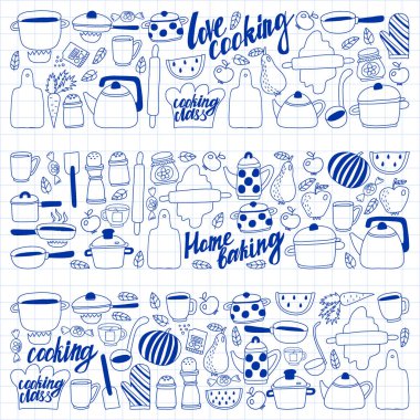 Vektör seti çocuk mutfağı ve doodle tarzında pişirme çizimleri simgeleri. Beyaz bir arka plan üzerinde damalı bir kağıt üzerine, bir kalem ile çizilmiş boyalı.