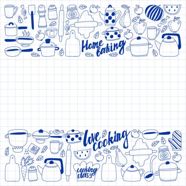 Vektör seti çocuk mutfağı ve doodle tarzında pişirme çizimleri simgeleri. Beyaz bir arka plan üzerinde damalı bir kağıt üzerine, bir kalem ile çizilmiş boyalı.