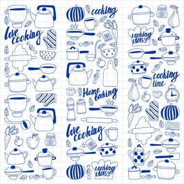 Vektör seti çocuk mutfağı ve doodle tarzında pişirme çizimleri simgeleri. Beyaz bir arka plan üzerinde damalı bir kağıt üzerine, bir kalem ile çizilmiş boyalı.