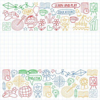 Vektör seti İngilizce dil, doodle tarzında çocuk çizimleri simgeleri. Beyaz bir arka plan üzerinde damalı kağıt bir levha üzerinde boyalı, renkli, resimler.