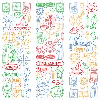Vektör seti İngilizce dil, doodle tarzında çocuk çizimleri simgeleri. Beyaz bir arka plan üzerinde damalı kağıt bir levha üzerinde boyalı, renkli, resimler.