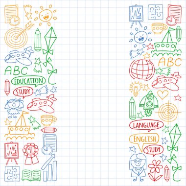 Vektör seti İngilizce dil, doodle tarzında çocuk çizimleri simgeleri. Beyaz bir arka plan üzerinde damalı kağıt bir levha üzerinde boyalı, renkli, resimler.