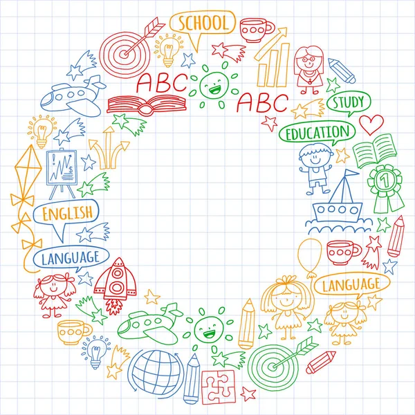 Ensemble vectoriel de la langue anglaise, icônes de dessin pour enfants dans le style doodle. Tableaux peints, colorés, sur une feuille de papier à carreaux sur fond blanc . — Image vectorielle