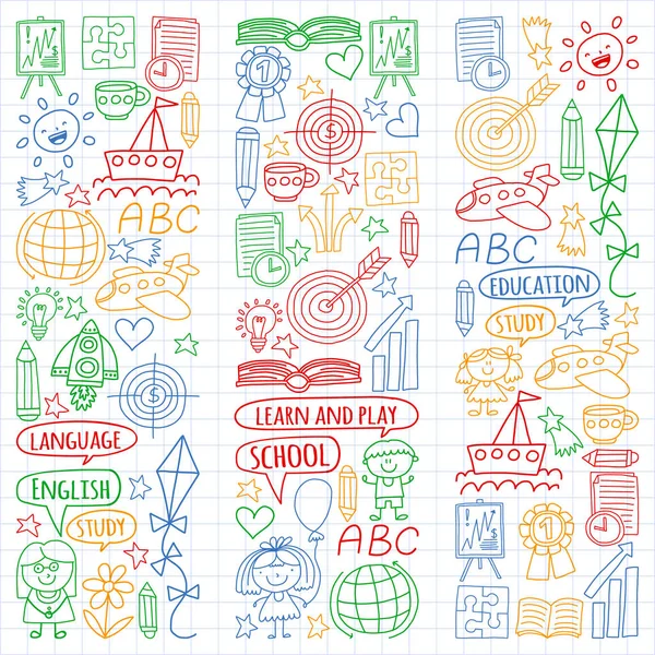 Conjunto vectorial de idioma inglés, iconos de dibujos infantiles en estilo doodle. Pintado, colorido, imágenes en una hoja de papel a cuadros sobre un fondo blanco . — Vector de stock