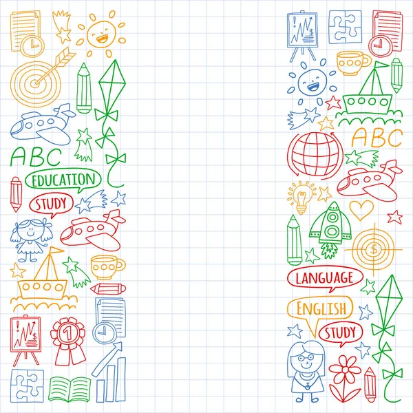 Conjunto vectorial de idioma inglés, iconos de dibujos infantiles en estilo doodle. Pintado, colorido, imágenes en una hoja de papel a cuadros sobre un fondo blanco . — Archivo Imágenes Vectoriales