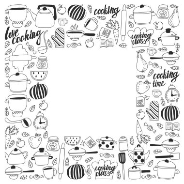 Vektör seti çocuk mutfağı ve doodle tarzında pişirme çizimleri simgeleri. Boyalı, siyah monokrom, beyaz arka plan üzerinde bir kağıt parçası üzerinde resimler.
