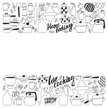 Vektör seti çocuk mutfağı ve doodle tarzında pişirme çizimleri simgeleri. Boyalı, siyah monokrom, beyaz arka plan üzerinde bir kağıt parçası üzerinde resimler.