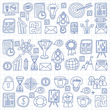 Doodle tarzında bussines simgeleri Vektör kümesi. kafeste bir kağıt parçası penon ile boyanmış.