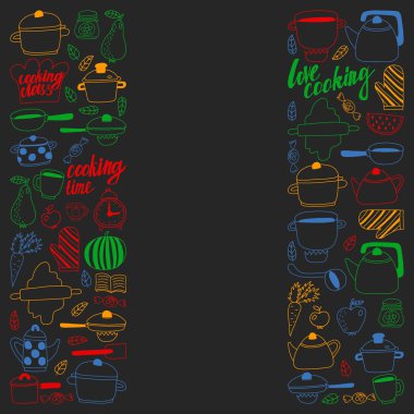 Vektör seti çocuk mutfağı ve doodle tarzında pişirme çizimleri simgeleri. Boyalı, renkli, kara tahta üzerinde bir kağıt parçası üzerinde resimler.