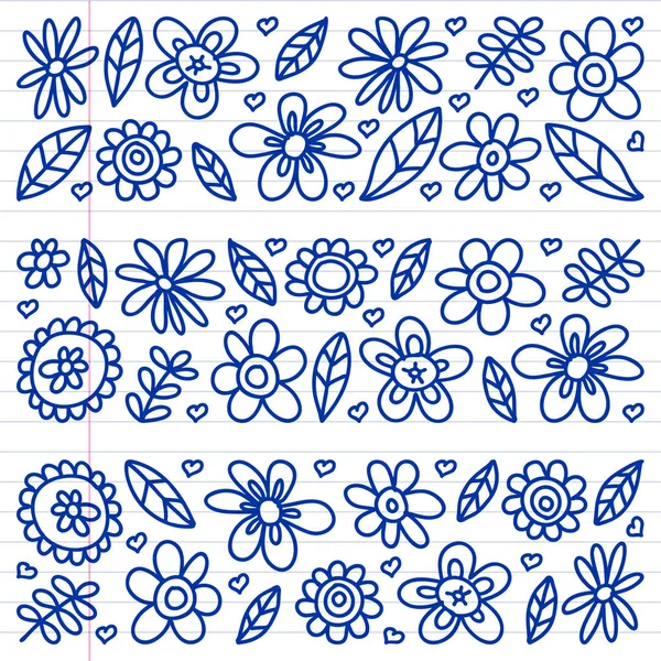 Vector set van kind tekening bloemen iconen in doodle stijl. Geschilderd, getekend met een pen, op een vel geruit papier op een witte achtergrond. — Stockvector