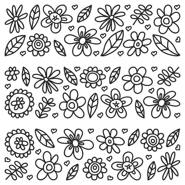 Vector set van kind tekenen van bloemen pictogrammen in doodle stijl. Geschilderd, zwart monochroom, Foto's op een stuk papier op witte achtergrond. — Stockvector