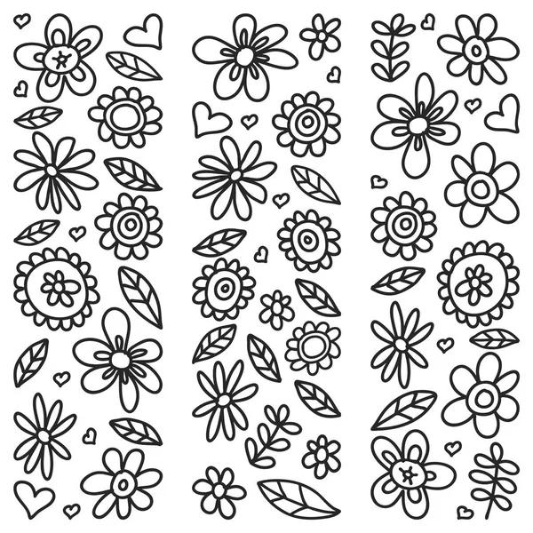 Vector set van kind tekenen van bloemen pictogrammen in doodle stijl. Geschilderd, zwart monochroom, Foto's op een stuk papier op witte achtergrond. — Stockvector