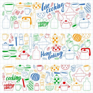 Vektör seti çocuk mutfağı ve doodle tarzında pişirme çizimleri simgeleri. Beyaz bir arka plan üzerinde damalı kağıt bir levha üzerinde boyalı, renkli, resimler.