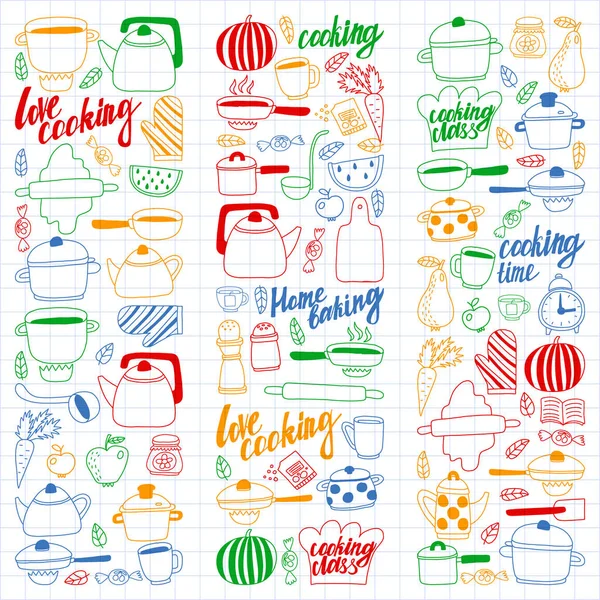 Vector set of children's kitchen and cooking drawings icons in doodle style. Painted, colorful, pictures on a sheet of checkered paper on a white background. — Stock Vector