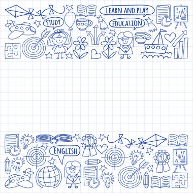 Vektör seti İngilizce dil öğrenme, doodle tarzında çocuk çizimleri simgeleri. Beyaz bir arka plan üzerinde damalı bir kağıt üzerine, bir kalem ile çizilmiş boyalı.