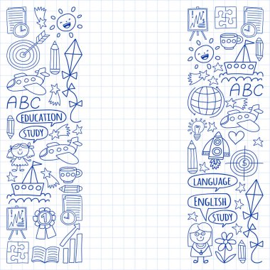 Vektör seti İngilizce dil öğrenme, doodle tarzında çocuk çizimleri simgeleri. Beyaz bir arka plan üzerinde damalı bir kağıt üzerine, bir kalem ile çizilmiş boyalı.