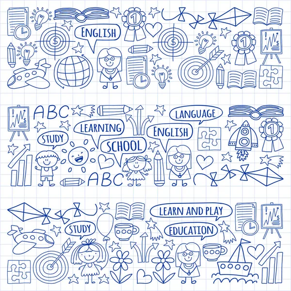 Conjunto vectorial de aprendizaje del idioma inglés, iconos de dibujos infantiles en estilo doodle. Pintado, dibujado con una pluma, sobre una hoja de papel a cuadros sobre un fondo blanco . — Vector de stock