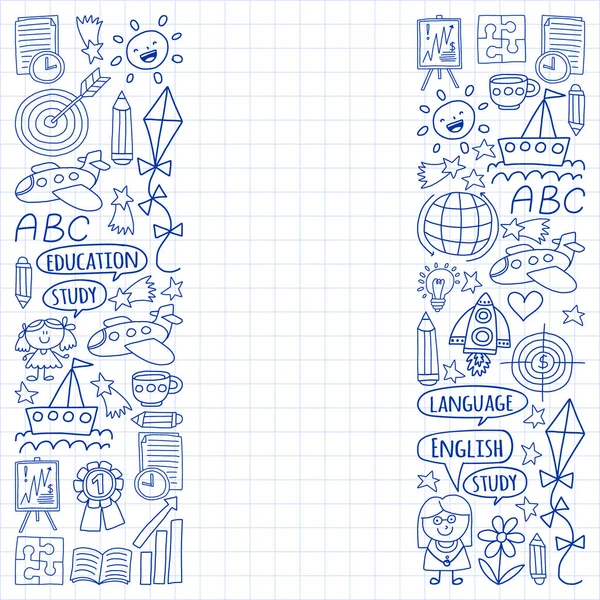 Conjunto vectorial de aprendizaje del idioma inglés, iconos de dibujos infantiles en estilo doodle. Pintado, dibujado con una pluma, sobre una hoja de papel a cuadros sobre un fondo blanco . — Archivo Imágenes Vectoriales