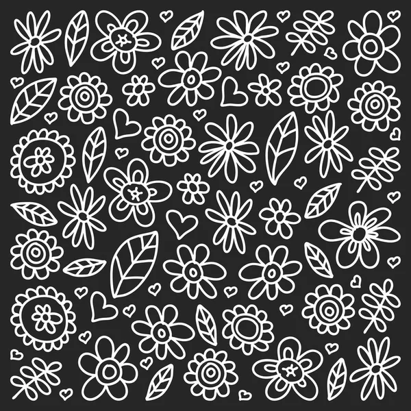 Vektor-Set von Kind, das Blumen-Symbole im Doodle-Stil zeichnet. bemalt, schwarz monochrom, Kreidebilder auf einer Tafel. — Stockvektor