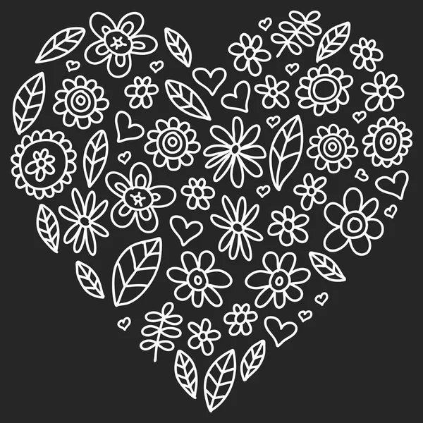 Conjunto vectorial de iconos de flores de dibujo infantil en estilo garabato. Pintado, monocromo negro, cuadros de tiza en una pizarra . — Vector de stock