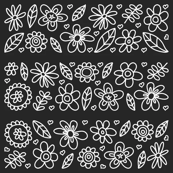 Conjunto vectorial de iconos de flores de dibujo infantil en estilo garabato. Pintado, monocromo negro, cuadros de tiza en una pizarra . — Archivo Imágenes Vectoriales