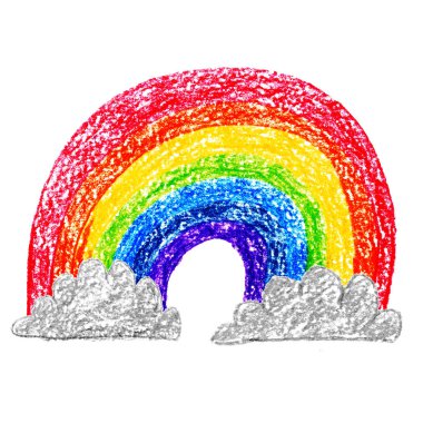 bir anaokulu okul için kalem suluboya illüstrasyon ile boyanmış beyaz bir arka plan üzerinde bulutlar ile renkli gökkuşağı.