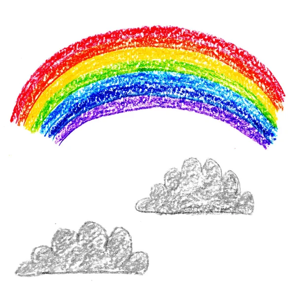 Kolorowe tęczy z chmurami na białym tle malowane ołówkiem akwarela ilustracji dla przedszkola szkoły. — Zdjęcie stockowe