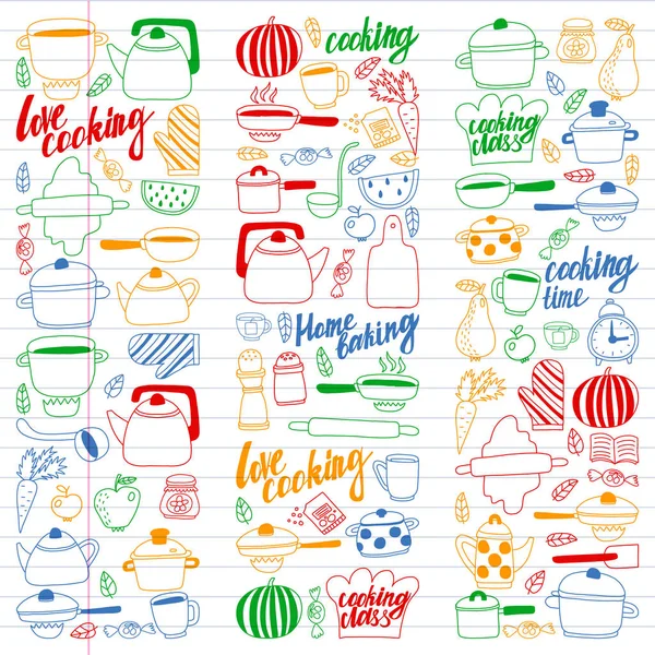 Conjunto vetorial de cozinha infantil e desenhos de cozinha ícones em estilo doodle. Pintado, colorido, imagens em um pedaço de papel linear sobre fundo branco . — Vetor de Stock