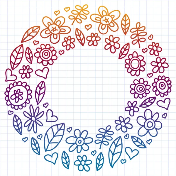 Vector set van kind tekenen van bloemen pictogrammen in doodle stijl. Geschilderd, kleurrijk, gradiënt, op een vel geruit papier op een witte achtergrond. — Stockvector
