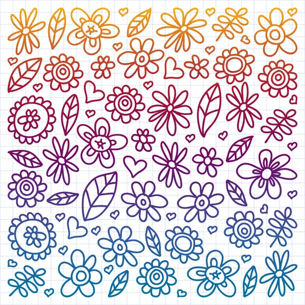 Vector set van kind tekenen van bloemen pictogrammen in doodle stijl. Geschilderd, kleurrijk, gradiënt, op een vel geruit papier op een witte achtergrond. — Stockvector