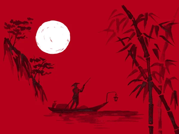 Japonsko tradiční sumi-e obraz. Akvarel a tuš ilustrace styl sumi-e,-u-sin. Hora Fudži, sakura, západ slunce. Japonsko slunce. Ilustrace tuší. Japonský obrázek, červené pozadí. — Stock fotografie