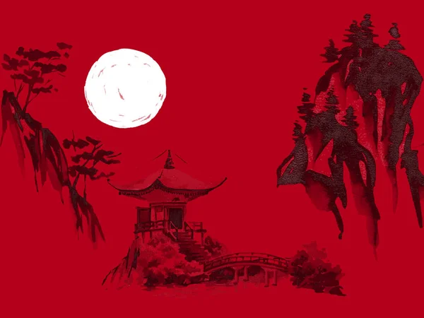 Giappone tradizionale pittura sumi-e. Illustrazione acquerello e inchiostro in stile sumi-e, u-sin. Montagna Fuji, sakura, tramonto. Sole giapponese. Illustrazione inchiostro indiano. Foto giapponese, sfondo rosso . — Foto Stock