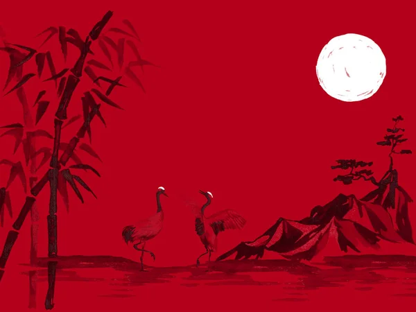 일본 전통 미 그림입니다. 수채화 물감 및 잉크 그림 스타일 sumi-e, u-죄. 후 지 산, 사쿠라, 일몰입니다. 일본 태양입니다. 인도 잉크 그림입니다. 일본 그림, 빨간색 배경. — 스톡 사진