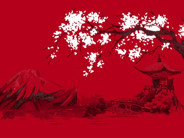 Japonia tradycyjnych sumi-e malarstwo. Ilustracja akwareli i tuszu w stylu sumi-e, u grzech. Góra Fuji, sakura, zachód słońca. Słońce w Japonii. Rysunek tuszem. Japoński obraz, czerwone tło. — Zdjęcie stockowe