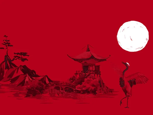 Japan traditional sumi-e painting. Watercolor and ink illustration in style sumi-e, u-sin. Fuji mountain, sakura, sunset. Japan sun. Indian ink illustration. Japanese picture, red background.