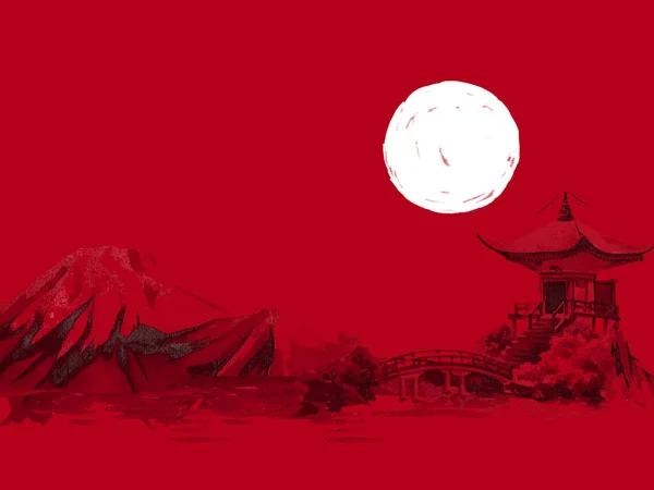 Japonia tradycyjnych sumi-e malarstwo. Ilustracja akwareli i tuszu w stylu sumi-e, u grzech. Góra Fuji, sakura, zachód słońca. Słońce w Japonii. Rysunek tuszem. Japoński obraz, czerwone tło. — Zdjęcie stockowe