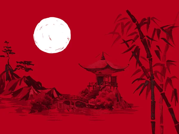 Japan traditional sumi-e painting. Watercolor and ink illustration in style sumi-e, u-sin. Fuji mountain, sakura, sunset. Japan sun. Indian ink illustration. Japanese picture, red background.