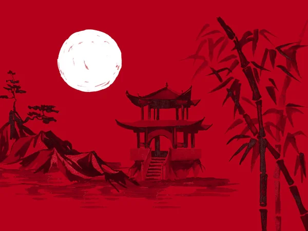 Giappone tradizionale pittura sumi-e. Illustrazione acquerello e inchiostro in stile sumi-e, u-sin. Montagna Fuji, sakura, tramonto. Sole giapponese. Illustrazione inchiostro indiano. Foto giapponese, sfondo rosso . — Foto Stock