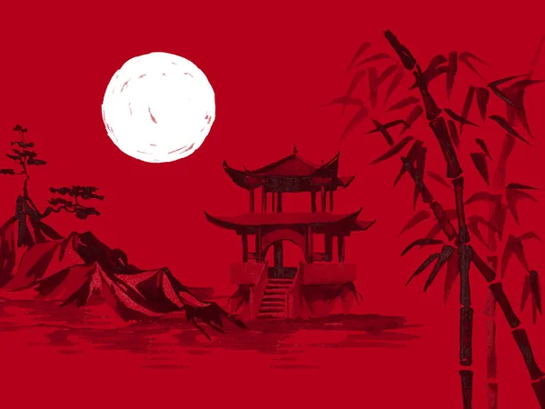 Japan traditional sumi-e painting. Watercolor and ink illustration in style sumi-e, u-sin. Fuji mountain, sakura, sunset. Japan sun. Indian ink illustration. Japanese picture, red background.