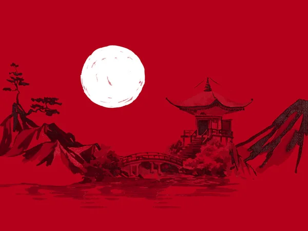 Japon peinture sumi-e traditionnelle. Aquarelle et illustration à l'encre dans le style sumi-e, u-sin. Montagne Fuji, sakura, coucher de soleil. Japon soleil. Illustration encre de Chine. Photo japonaise, fond rouge . — Photo
